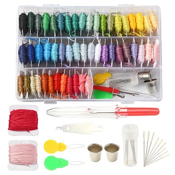 50 Colors Polyester Embroidery Threads Kits, with 2Pcs Iron Thread Guide Tool, 10Pcs Steel Sewing Needles, 2Pcs Thimble, 1Pc Seam Ripper, Mixed Color, 45x50mm, about 0.5,mm, 8.74 yards(8m)/card