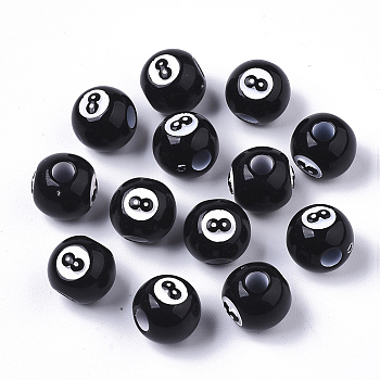 Pandahall 100Pcs Spray Painted Acrylic Beads, Large Hole Beads, Eight Ball Beads, Billiards, Black, 12mm, Hole: 4mm