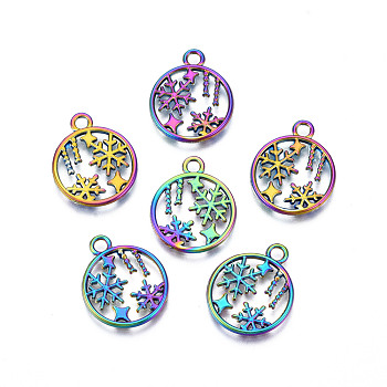 Rainbow Color Alloy Pendants, Cadmium Free & Lead Free, Ring with Snowflake, 19x16x1.5mm, Hole: 2mm