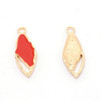 Light Gold Plated Alloy Enamel Pendants, Leaf Pendant Accessories, Red, 24x8.5x2.5mm, Hole: 2mm