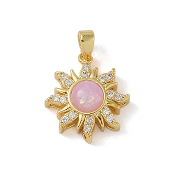 Rack Plating Brass Pendant, with Resin & Cubic Zirconia, Lead Free & Cadmium Free, Long-Lasting Plated, Sun, Pearl Pink, 18x16x7mm, Hole: 4.5x2.5mm