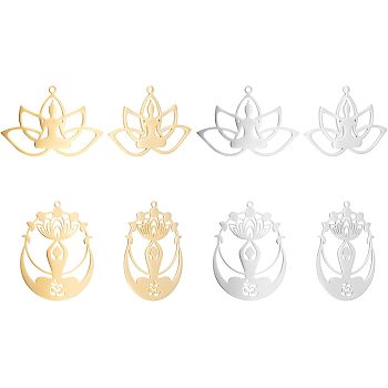 8Pcs 4 Styles 201 Stainless Steel Pendants, Buddhist Theme, Laser Cut, Hollow, Buddha & Lotus, Golden & Stainless Steel Color, 25~43x32~36.5x1mm, Hole: 1.6mm, 2pcs/style