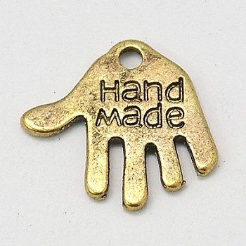 Tibetan Style Alloy Charms, Cadmium Free & Lead Free, Hand Palm with Word Hand Made, Antique Golden, 12.5x13x1mm, Hole: 1mm