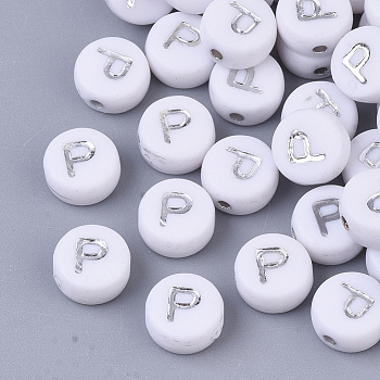 Plating Acrylic Beads, Silver Metal Enlaced, Horizontal Hole, Flat Round with Letter, White, Letter.P, 7x4mm, Hole: 1.2mm, about 3600pcs/500g.