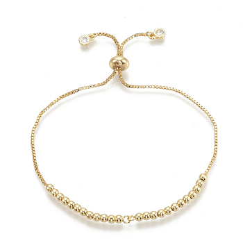 Brass Bolo Bracelets, Slider Bracelets, with Cubic Zirconia, Clear, Golden, 10-5/8 inch(27cm), 1~3mm