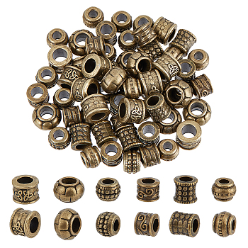 60Pcs 6 Styles Tibetan Style European Beads, Large Hole Beads, Barrel/Column/Column, Antique Bronze, 8.5~11.5x7~8mm, Hole: 4~6mm, 10pcs/style