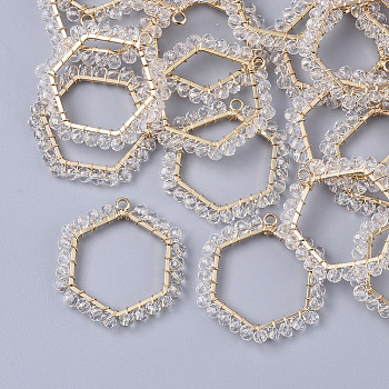 Glass Beads Pendants, with Golden Plated Brass Wires and Open Back Bezel, Hexagon, Clear, 27x25x3mm, Hole: 1.8mm