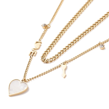 Double Chains Multi Layered Necklaces with Resin Shell Heart and Crystal Rhinestone Charms, Ion Plating(IP) 304 Stainless Steel Jewelry for Women, Golden, 15.16 inch(38.5cm)