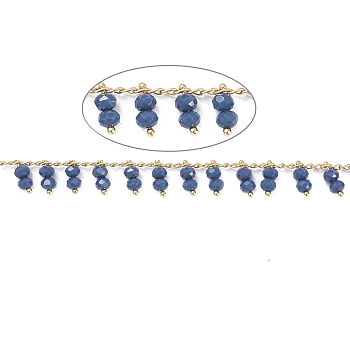 3.28 Feet Handmade Glass Beaded Chains, Soldered, with Golden Tone Brass Findings, Long-Lasting Plated, Prussian Blue, 2x1mm