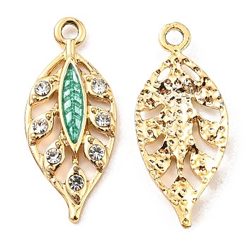 Zinc Alloy Pendants, with Enamel and Rhinestone, Golden, Hollow, Leaf Charm, Turquoise, 24.5x10.5x2.2mm, Hole: 1.8mm