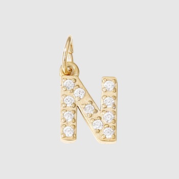Stainless Steel Cubic Zirconia Pendants with Jump Rings, Real 14K Gold Plated, Long-Lasting Plated, Letter N, 8mm
