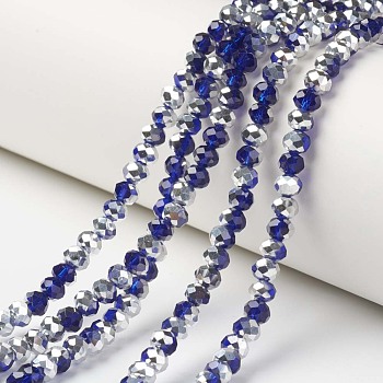 Electroplate Transparent Glass Beads Strands, Half Silver Plated, Faceted, Rondelle, Dark Blue, 10x8mm, Hole: 1mm, about 62pcs/strand, 20 inch