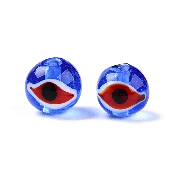 Handmad Evil Eye Round Lampwork Beads, Royal Blue, 10x9~10mm, Hole: 1.6~2mm