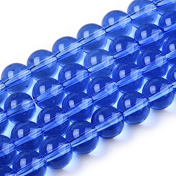 Transparent Glass Beads Strands, Round, Royal Blue, 8~8.5mm, Hole: 1.5mm, about 51~53pcs/strand, 14.96 inch~15.55 inch(38~39.7cm)