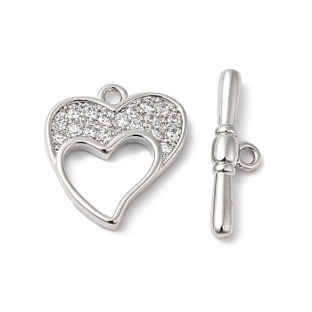 Brass Micro Pave Clear Cubic Zirconia Toggle Clasps, Heart, Real Platinum Plated, Heart: 16x14x2mm, Hole: 1.4mm, Bar: 18.5x5x3mm, Hole: 1.4mm