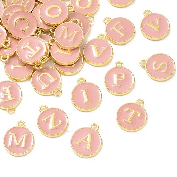Golden Plated Alloy Enamel Charms, Enamelled Sequins, Flat Round with Random Mixed Letters, Pink, 14x12x2mm,Hole:1.50mm