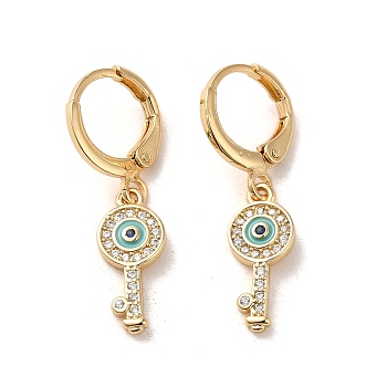 Key with Evil Eye Real 18K Gold Plated Brass Dangle Leverback Earrings, with Enamel and Cubic Zirconia, Turquoise, 29.5x7mm