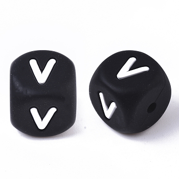 Food Grade Eco-Friendly Silicone Beads, Horizontal Hole, Chewing Beads For Teethers, DIY Nursing Necklaces Making, Cube, Black, Letter.V, 12x12x12mm, Hole: 2mm