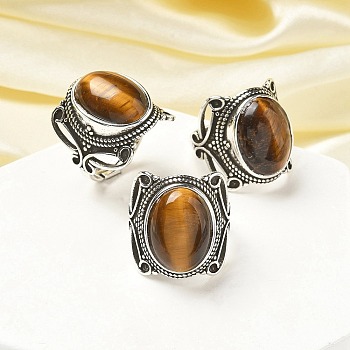 Natural Tiger Eye Adjustable Rings, Lead Free & Cadmium Free, Antique Silver Plated Brass Finger Rings for Women, Oval, 20.5mm, Inner Diameter: 17mm