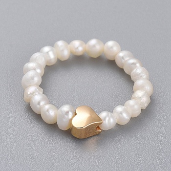 Stretch Natural Cultured Freshwater Pearl Finger Rings, with Brass Beads and Elastic Crystal Thread, Heart, Real 18K Gold Plated, Size 7, 17mm