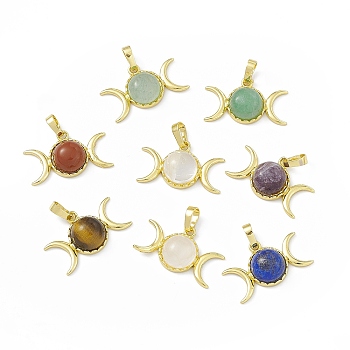 Natural Mixed Gemstone Pendants, Triple Moon Charms, with Golden Tone Rack Plating Brass Findings, Cadmium Free & Lead Free, Mixed Dyed and Undyed, 15x26x7mm, Hole: 6.5x4mm
