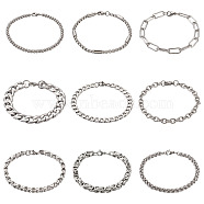 Unisex 304 Stainless Steel Chain Bracelets, Stainless Steel Color, 9pcs/set(BJEW-TA0001-05P)