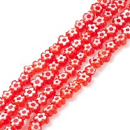 Handmade Millefiori Glass Bead Strands, Flower, Red, 3.7~5.6x2.6mm, Hole: 1mm, about 88~110pcs/Strand, 15.75''(40cm)(LAMP-J035-4mm-67)