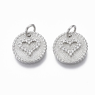 Brass Micro Pave Clear Cubic Zirconia Charms, Flat Round with Heart and Jump Ring, Nickel Free, Real Platinum Plated, Real Platinum Plated, 13x2mm, Hole: 3mm(X-KK-R133-034P-NF)