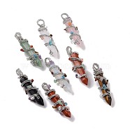 Natural & Synthetic Gemstone Pointed Big Pendants, with Platinum Plated Rack Plating Brass Findings and Mixed Stone Chip Beads, Cadmium Free & Lead Free, Faceted, Bullet Charm, Mixed Dyed and Undyed, 64~68x16~17x16~17mm, Hole: 7.5mm(G-H274-05P)