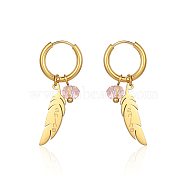 304 Stainless Steel Dangle Hoop Earrings, Feather with Word, Real 18K Gold Plated, 34x15mm(LD6089-1)