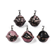 Natural Rhodonite Pendants, with Stainless Steel Color Tone Stainless Steel Findings, Planet, 22.5x20mm, Hole: 3x5mm(PORC-T132-053J)