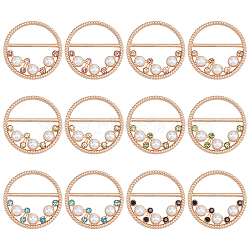 ARRICRAFT 12Pcs 6 Styles Alloy Resin Imitation Pearl Buckles, with Rhinestone, Flat Round, Light Gold, Mixed Color, 38x6mm, Inner Diameter: 31mm, 2pcs/style(JEWB-AR0001-04)
