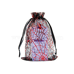 Halloween Theme Rectangle Printed Organza Drawstring Bags, Red Spider Web Pattern, Black, 15x10cm(CON-PW0001-068A-02)