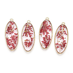 Alloy Epoxy Resin Pendants, with Handmade Dried Flower Inside, Teardrop Charms, Crimson, 36.5x15x3mm, Hole: 1.8mm(PALLOY-TAC0044-86)