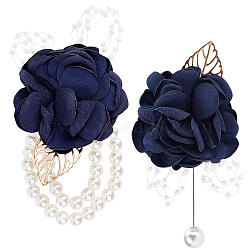 2Pcs 2 Style Silk Cloth Imitation Flower Brooch, with Imitation Pearl, for Wedding, Party Decorations, Medium Blue, 90~120x75~80x33mm, 1pc/style(AJEW-CP0004-95)
