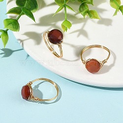 Natural Agate(Dyed & Heated) Copper Wire Finger Rings, Flat Round, Faceted, Golden, US Size 8 1/2(18.5mm)(RJEW-JR01075)