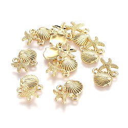 Alloy Links connectors, Ocean Theme, Lead Free & Nickel Free & Cadmium Free, Starfish/Sea Stars and Scallop Shell Shape, Real 14K Gold Plated, 18x13.5x2.5mm, Hole: 1.5mm(TIBE-A008-010G-NR)