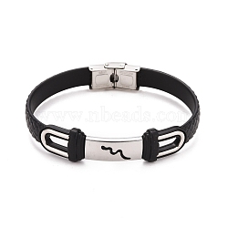201 Stainless Steel Rectangle Link Bracelet with PU Leather Cord for Men Women, Black, Wave Pattern, 9-1/8 inch(23cm)(BJEW-G649-07P-02)