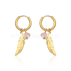 304 Stainless Steel Dangle Hoop Earrings, Feather with Word, Real 18K Gold Plated, 34x15mm(LD6089-1)