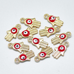Light Gold Plated Alloy Charms, with Enamel, Religion, Hamsa Hand/Hand of Fatima /Hand of Miriam with Evil Eye, Red, 14.5x8x2.5mm, Hole: 1.8mm(ENAM-S117-28C)