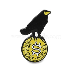 Exaggerated Crow with Coin & Word Gold Coin Collerctor Enamel Pins, Alloy Lapel Pin Backs for Backpack Clothes, Black, 26x15mm(JEWB-E042-07EB-01)