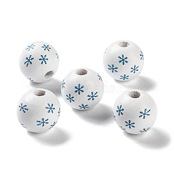 Printed Wood European Beads, Round with Snowflake, Steel Blue, 16x15mm, Hole: 4mm(WOOD-Z002-08F)