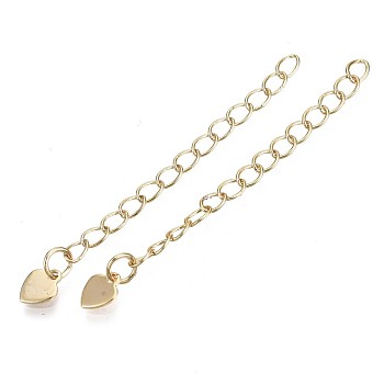 Brass Chain Extender, Cable Chain, Nickel Free, with Heart Shape Charms, Real 18K Gold Plated, 53mm, Link: 4x3x0.4mm, Inner Size: 3x2mm, Heart: 6.5x5x0.5mm