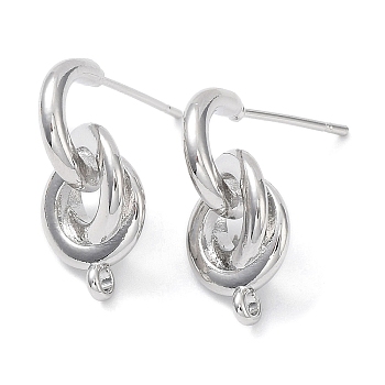 Brass Stud Earring Finding, with Vertical Loop, Knot, Real Platinum Plated, 21x10mm, Hole: 1.6mm, Pin: 0.7mm
