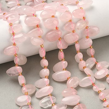 Natural Rose Quartz Beads Strands, Teardrop, Top Drilled, with Seed Beads, 10~28x8~12x4~8mm, Hole: 0.9mm, about 42~44pcs/strand, 15.16''~15.55''(38.5~39.5cm)