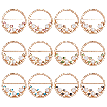 ARRICRAFT 12Pcs 6 Styles Alloy Resin Imitation Pearl Buckles, with Rhinestone, Flat Round, Light Gold, Mixed Color, 38x6mm, Inner Diameter: 31mm, 2pcs/style
