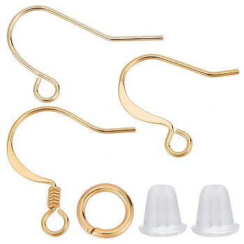 150Pcs 3 Style Brass Earring Hooks, with Horizontal Loops, with 150Pcs Open Jump Rings and 200Pcs Plastic Ear Nuts, Real 18K Gold Plated, 13~17x16~20x0.7mm, Hole: 1.5~2mm, 21 Gauge, Pin: 0.7mm, 50Pcs/style