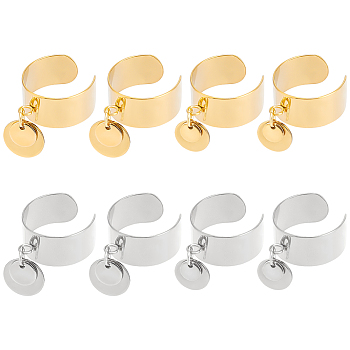 8Pcs 4 Style 304 Stainless Steel Open Cuff Rings Set, with Stainless Steel Flat Round Blank Charms, Golden & Stainless Steel Color, Inner Diameter: 17~18mm, 2pcs/style
