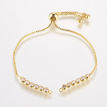 Brass Chain Bracelet Making, Box Chain Bracelets, Slider Bracelets Making, with Cubic Zirconia, Round, Real 18K Gold Plated, 9-1/2 inchx1/8 inch(240x1mm, Hole: 1mm)