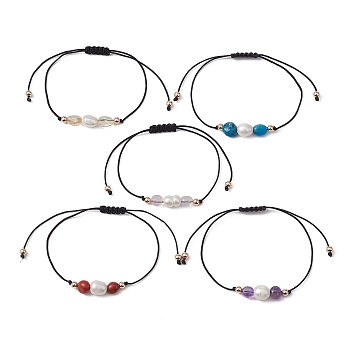 Natural Mixed Gemstone Nuggets & Pearl Braided Bead Bracelets, Nylon Adjustable Bracelet, Inner Diameter: 3-1/8 inch(8cm)